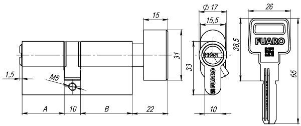 Цилиндровый механизм (R602/70) R6002Knob70(30+10+30) PB латунь 5Key с вертушкой