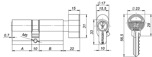 Цилиндровый механизм (100 ZM/70) 1000ZMKnob70(30+10+30) PB латунь 5Key с вертушкой
