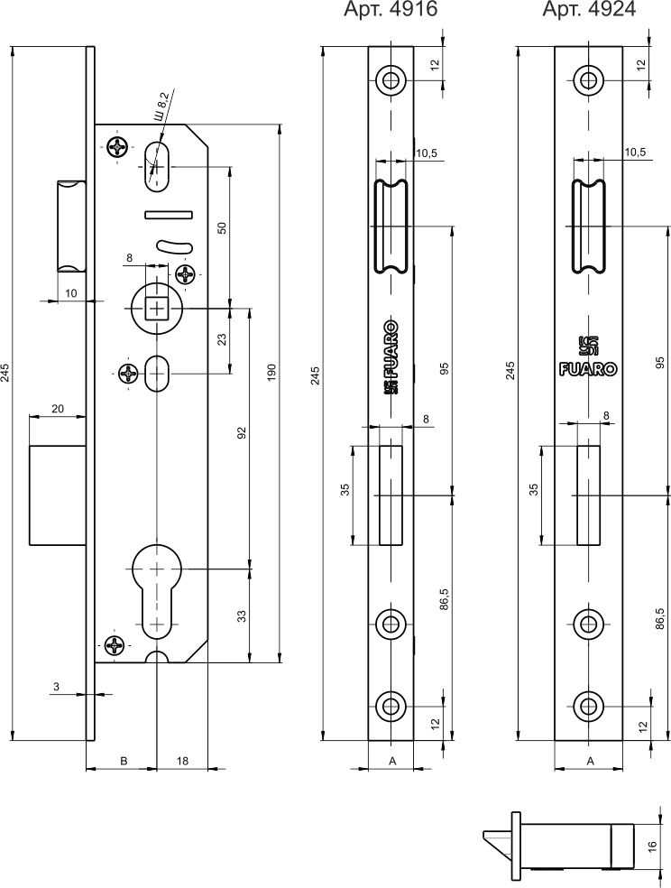 Корпус узкопрофильного замка с защелкой PROF4924-25/92 CP хром