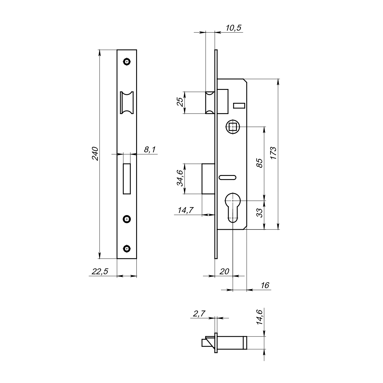 Корпус узкопрофильного замка с защелкой PROF153-20/85 (153-20/85) CP хром