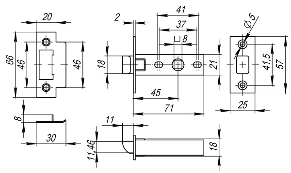 Защелка врезная PLASTP12-45-25 (P12-45) AB бронза