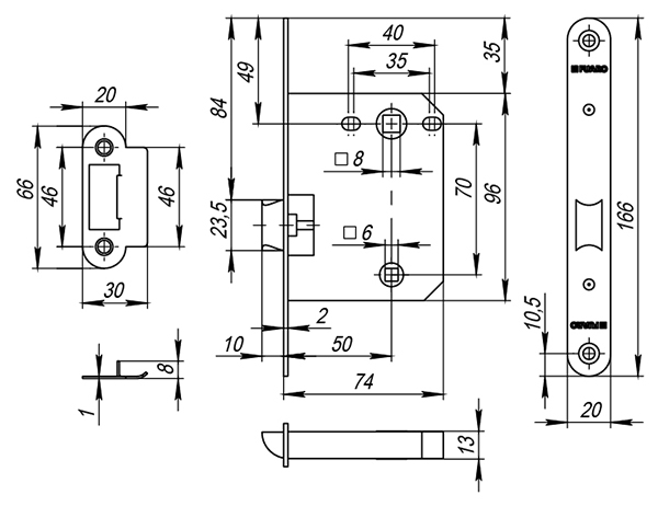 Защелка врезная PLASTP82-50 (P82-50) AB бронза