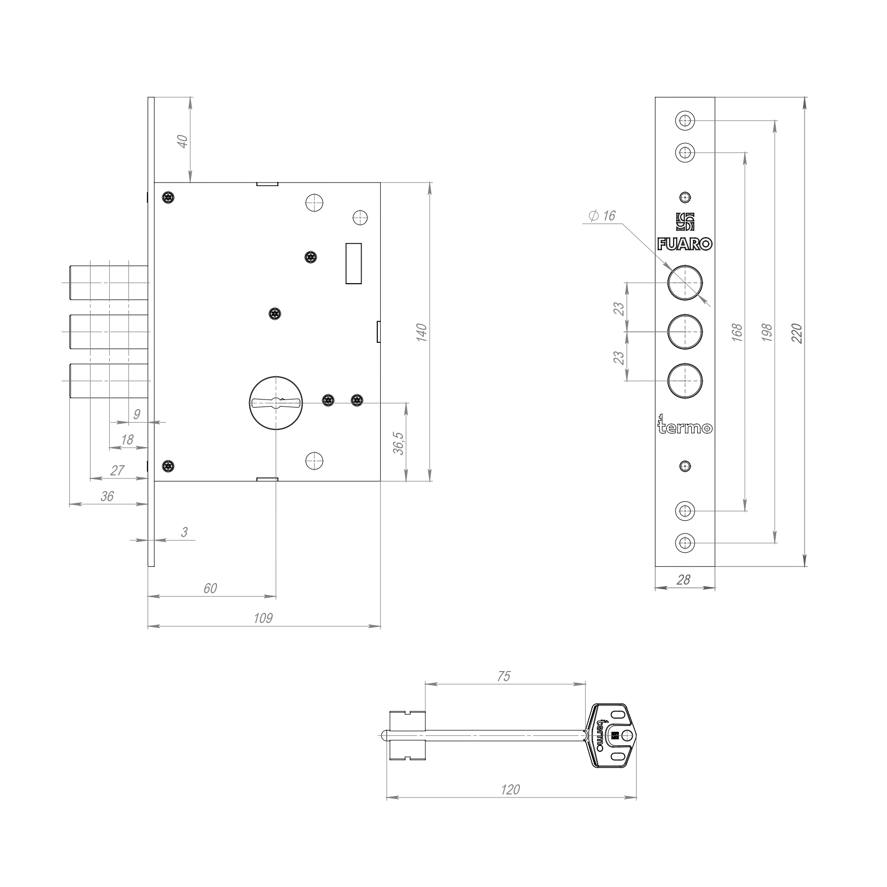 Замок врезной сувальдный TERMO MDV25/S-60.00.3R16 4 key (ключ удл. 120/75 мм)