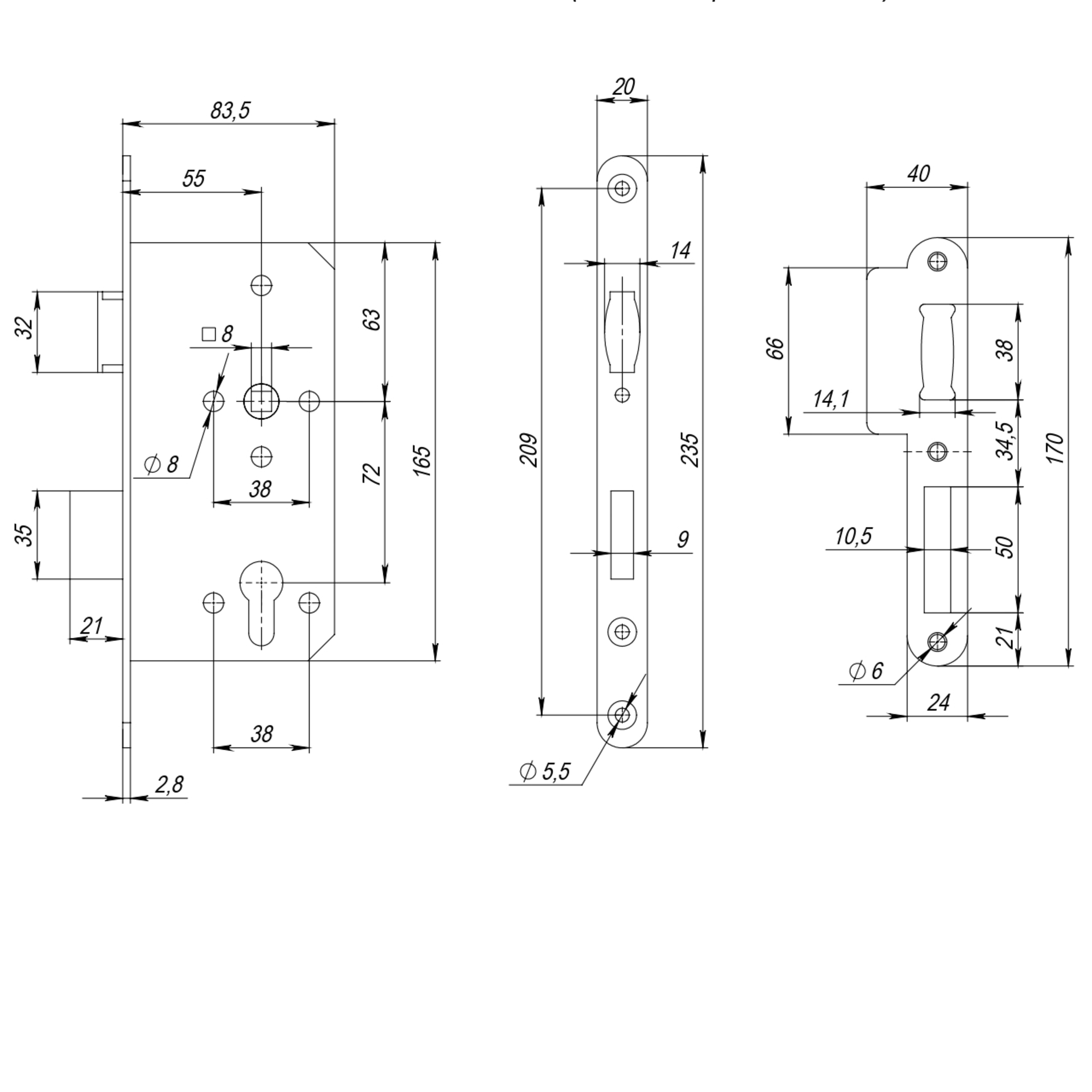 Замок врезной DD.INOX/C-55.72/R с роликовой защелкой (лиц.планка 20 мм)