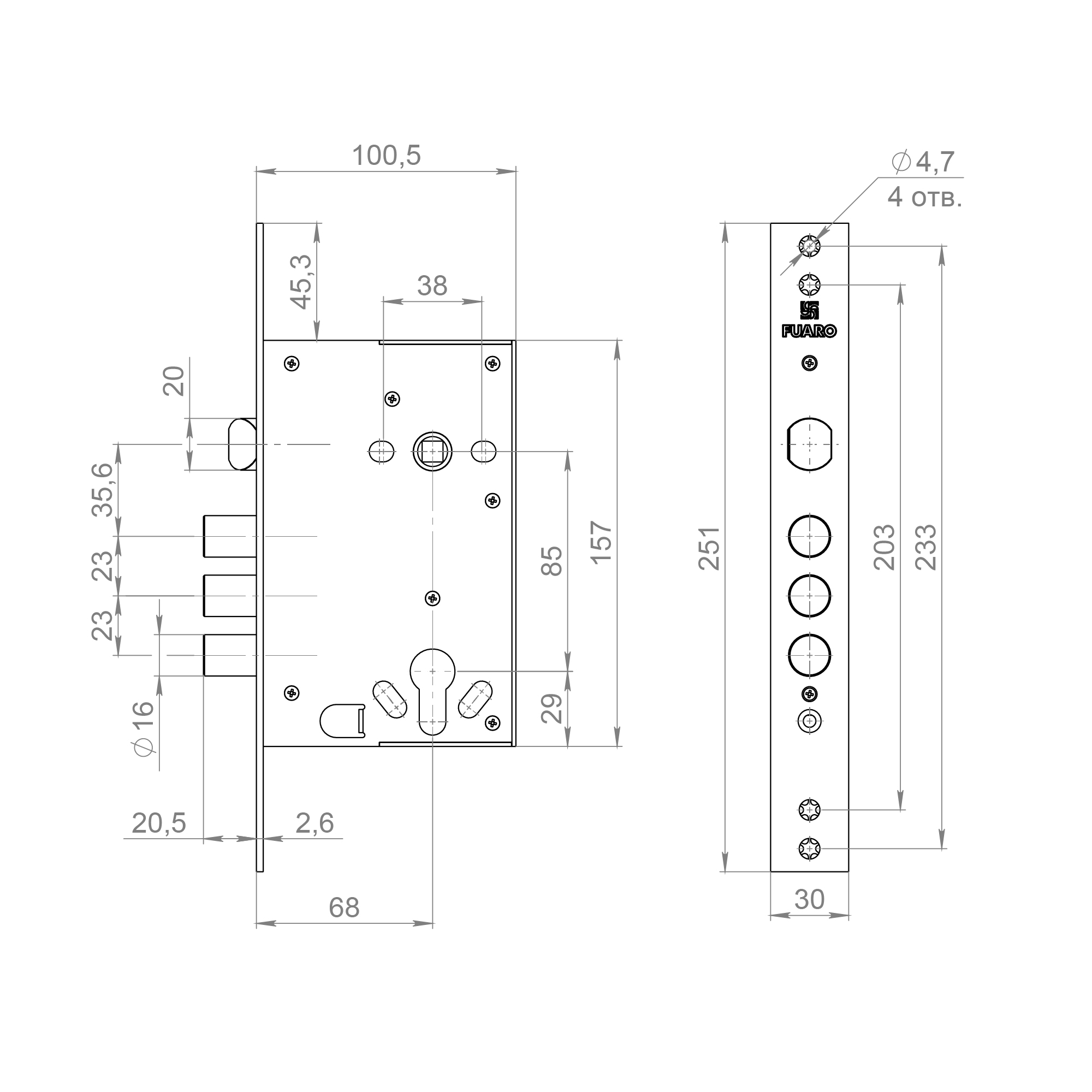 Корпус врезного замка полуавтоматический с защёлкой MDV32.21/C-60.85.3R16 S/A