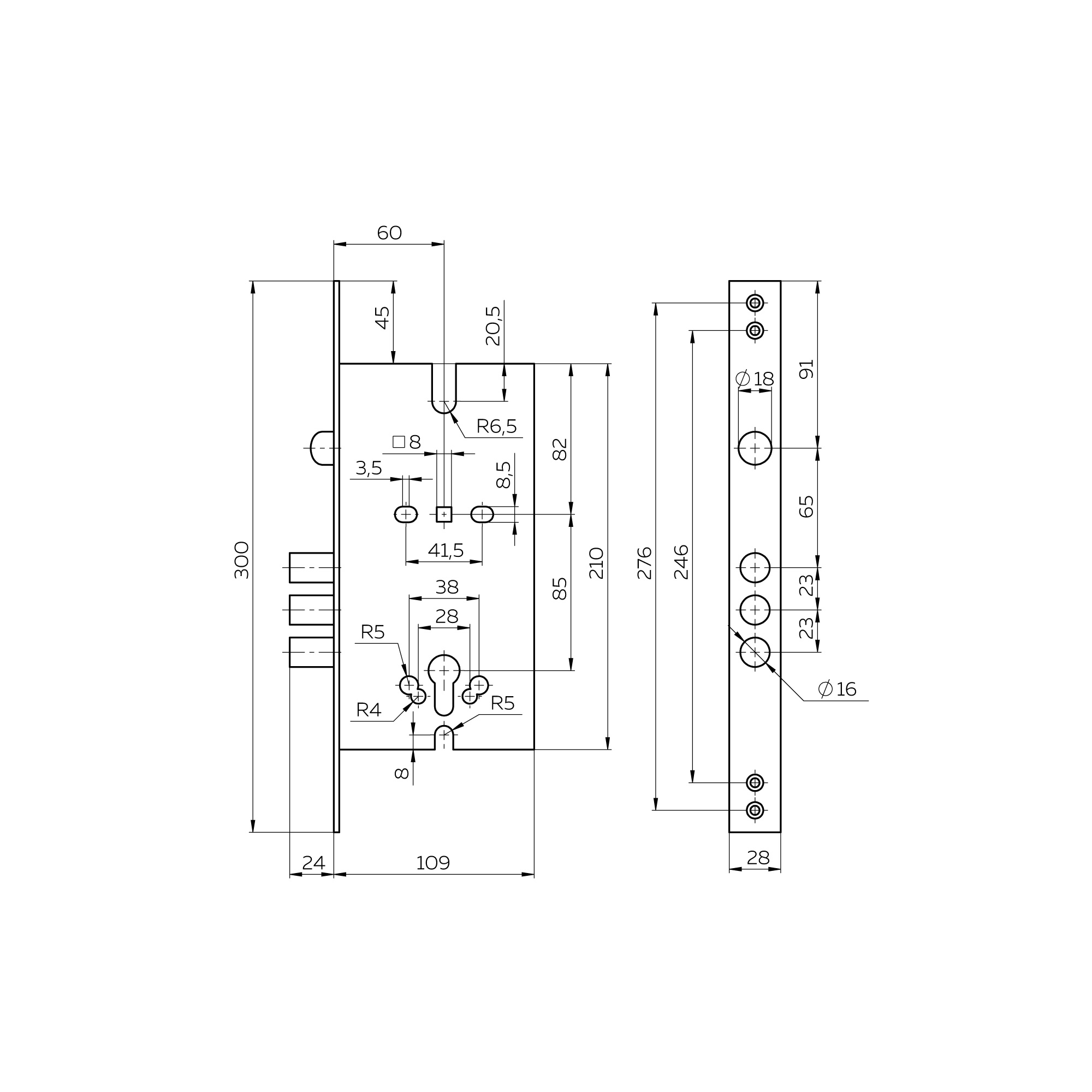 Корпус врезного замка полуавтоматический с защёлкой MDV25.C-60.85.3R16 S/A