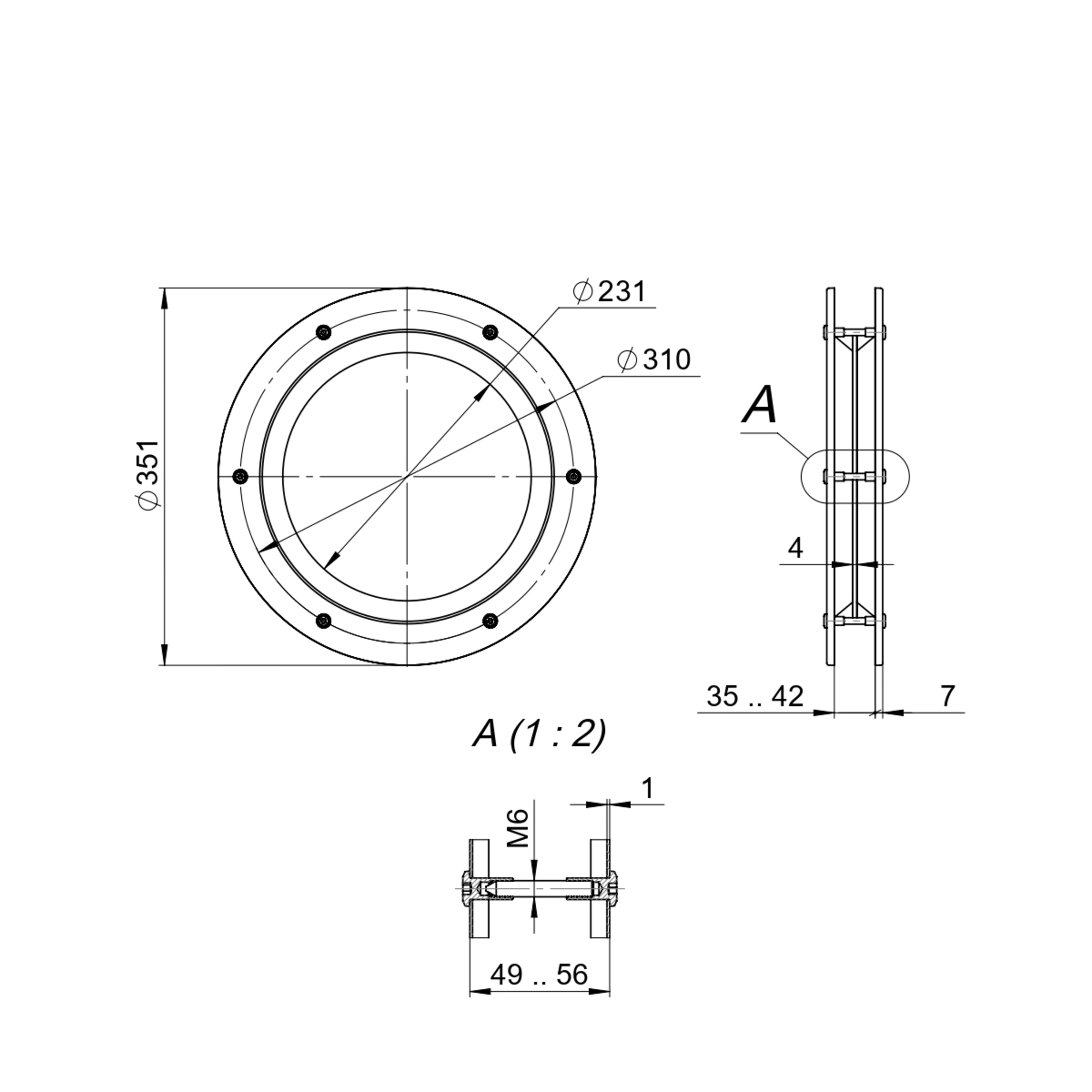 Иллюминатор для дверей PORTHOLE-350 INOX 304, диаметр 350 мм